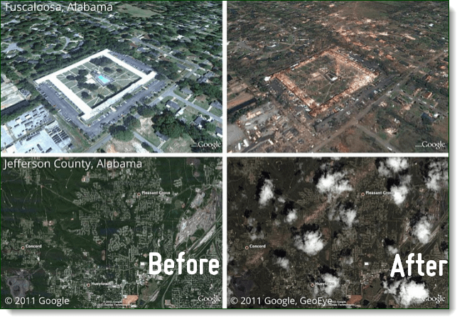 Pogledajte Nakon utjecaja nedavnih tornada na Alabami putem Picasa Google Earth