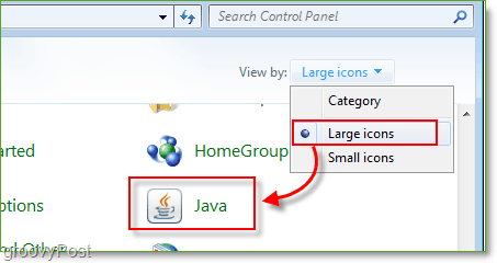Snimka zaslona: Upravljačka ploča Windows 7 Pokretanje Java