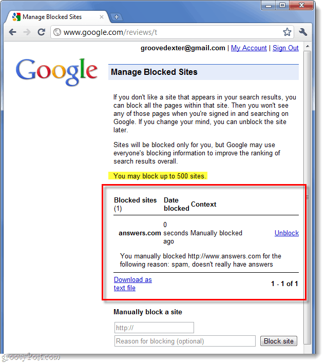 popis vaših web mjesta s blokiranim googleom