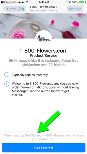 Slanje poruke na 1-800-Flowers.com putem njihove Facebook stranice olakšava korisnicima da postanu kupci.