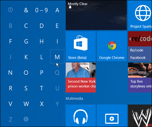 Pretražite prvo slovo aplikacija Windows 10