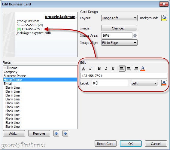 Formatirajte polja u vCard-u u programu Outlook 2010
