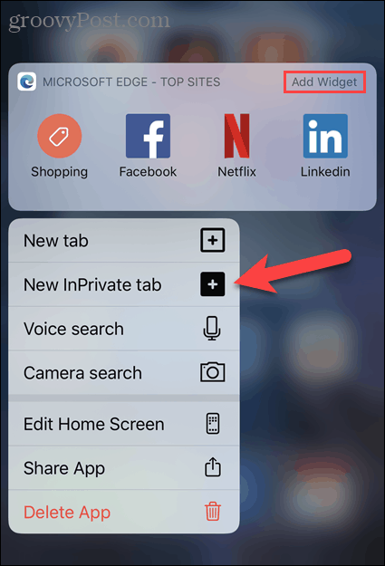 Odaberite novu karticu InPrivate s ikone Edge u iOS-u