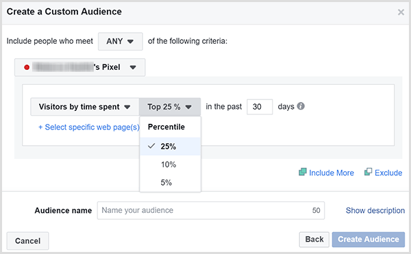 Dijaloški okvir Facebook Create a Custom Audience ima mogućnosti za ciljanje oglasa na kupce koji su proveli najviše vremena na vašem web mjestu.
