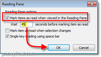 u opcijama Office Outlook 2010 mogućnosti okna za čitanje kliknite oznake stavki kao pročitane kada ih se gleda u oknu za čitanje, a zatim unesite koliko želite da pričekate prije nego što stavke označite kao pročitane, ovo traje koliko obično trebate pročitati e