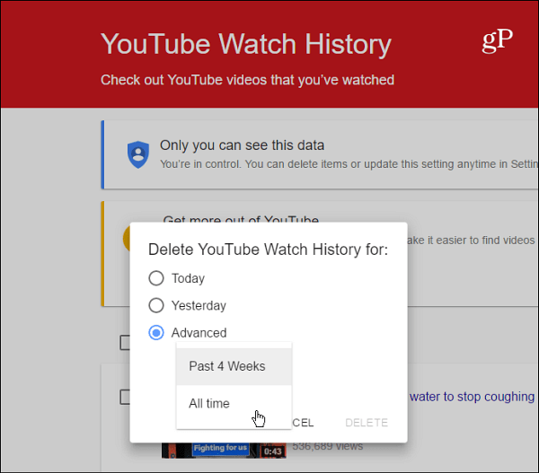 Izbrišite povijest gledanja na YouTubeu