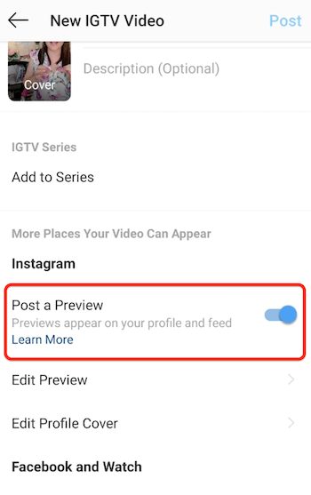 instagram igtv nove opcije izbornika videozapisa s aktiviranom opcijom pregleda pregleda