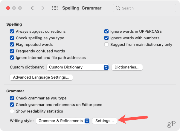 Mac Word Options, Grammar Settings