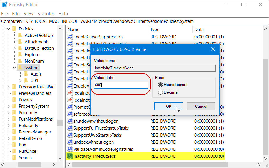 Registar sustava Windows 10 Početna inačica InactivityTimeoutSecs