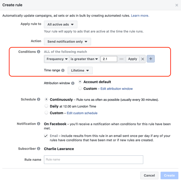 Koristite Facebook automatizirana pravila, obavijest kada je učestalost oglasa iznad 2.1, korak 2, postavke uvjeta
