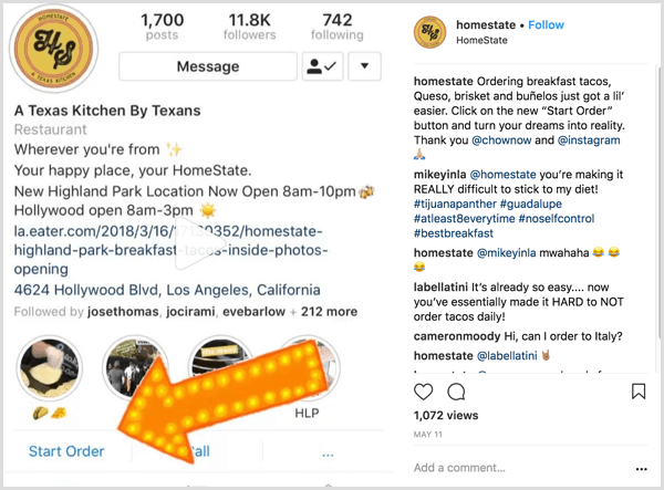 primjer poslovnog posta na Instagramu koji korisnicima pokazuje kako koristiti akcijski gumb Start Order