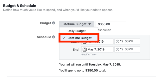 Savjeti za smanjenje troškova oglašavanja na Facebooku, opcija postavljanja proračuna kampanje na doživotni proračun