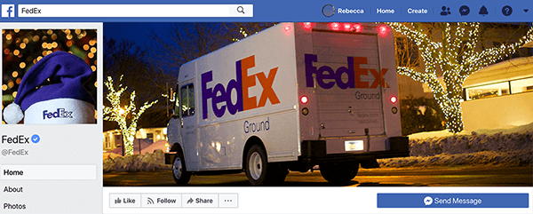 Ovo je snimka zaslona FedExove Facebook stranice. Za blagdane je slika profila ljubičasti šešir Djeda Mraza s FedExom otisnutim na bijeloj traci. Naslovna fotografija je FedExov kamion koji vozi kuće ukrašene svjetlima.