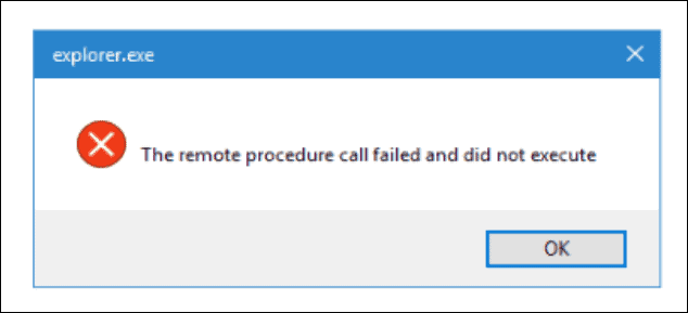 Primjer pogreške Remote Procedure Call Failed tijekom pokretanja File Explorera.