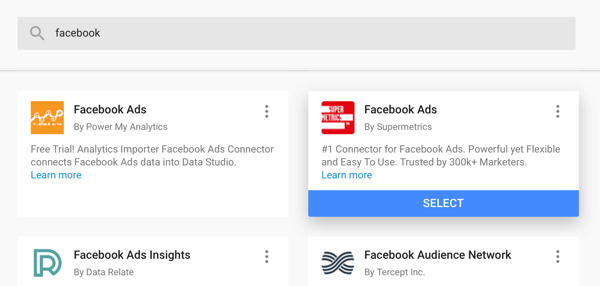Upotrijebite Google Data Studio za analizu vaših Facebook oglasa, korak 4, opcija za upotrebu Facebook Ads konektora iz Supermetrics kao izvora podataka