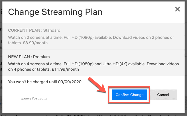 Potvrđivanje promjene plana za streaming Netflixa.
