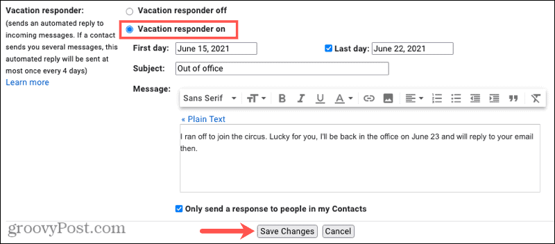 Odzivnik za odsustvo s usluge Gmail na mreži 
