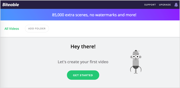 Kliknite Započni da biste stvorili novi Biteable video.
