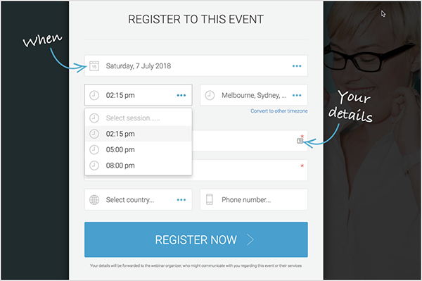 Andrew Hubbard koristi zimzeleni webinar tako da potencijalni klijenti mogu odabrati prikladno vrijeme za registraciju. Ovaj obrazac za registraciju omogućuje ljudima odabir između 11:45, 14 ili 17 sati.