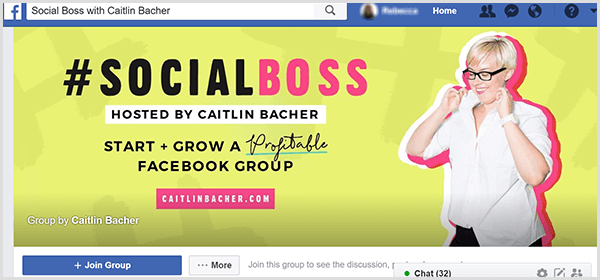 Naslovna fotografija grupe Facebook za Social Boss koju vodi Caitlin Bacher ima žutu pozadinu, ružičaste naglaske na tekstu i fotografiju na kojoj Caitlin podiže ovratnik košulje.