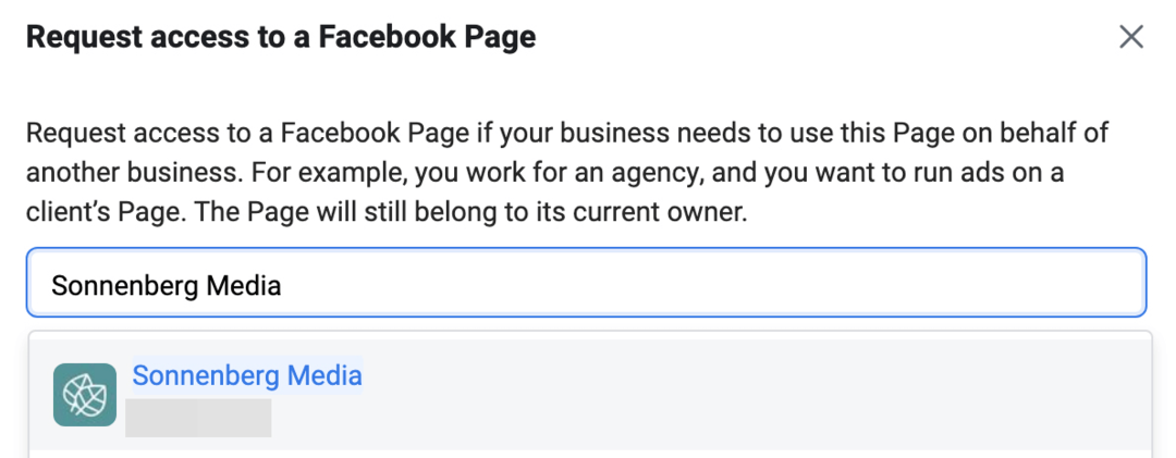 slika zaslona Zatraži pristup Facebook stranici u Meta Business Manageru