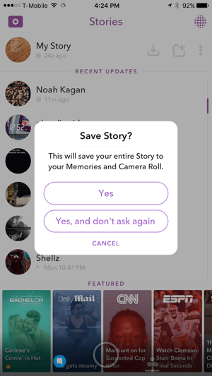 Dodirnite Da da biste spremili svoju Snapchat priču.
