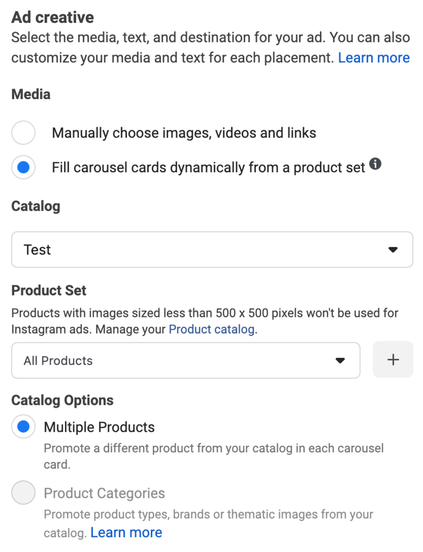 slika opcije Dinamično popunjavanje karousela iz opcije skupa proizvoda odabrane tijekom postavljanja Facebook oglasa