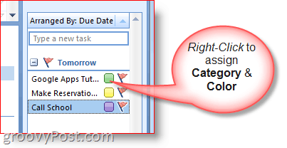 Traka obaveza programa Outlook 2007 - desnom tipkom miša kliknite zadatak za odabir boja i kategorije