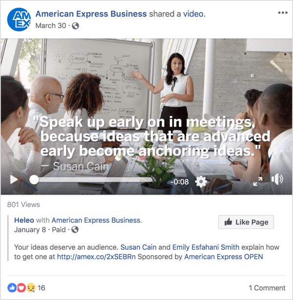 U ovom Facebook oglasu za American Express Business pojavljuje se Susan Cain, poznati stručnjak za vodstvo i upravljanje koji je slavu stekao nedavnim TED Talkom.