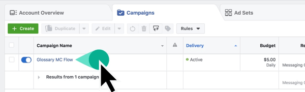 Pronađite naziv kampanje u Facebook Ads Manageru.