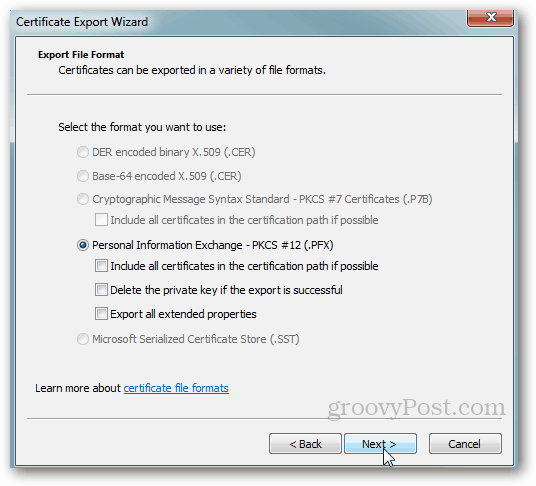 Windows izvoz certifikata - prihvatite zadane postavke