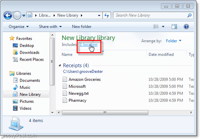 pritisnite vezu lokacije da biste postavili dodavanje novih lokacija u Windows knjižnicu