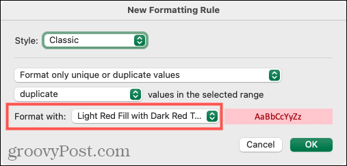 Odaberite Formatiranje za duplikate u programu Excel na Macu