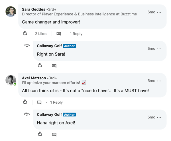 Komentari člana LinkedIn-a za post Callaway Golf
