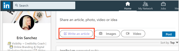 Kliknite gumb Napiši članak na LinkedInu.