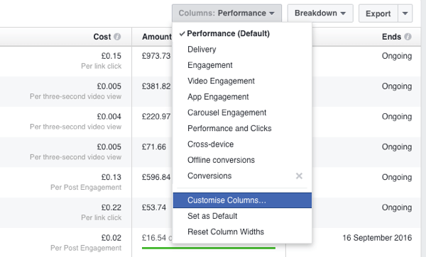 Dodajte novi stupac za izvještavanje u Facebook Ads Manager.