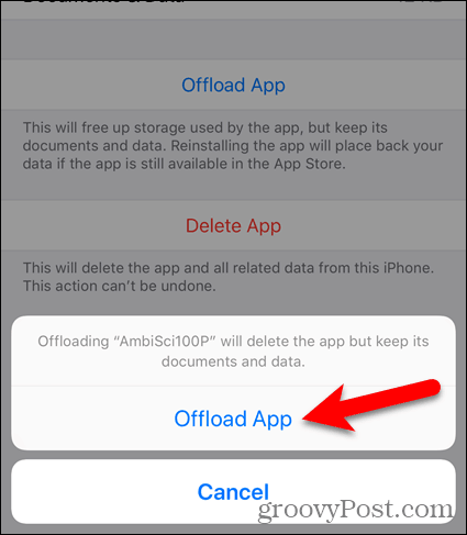 Dodirnite Offload App ponovo