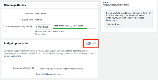 Opcija optimizacije proračuna Facebook kampanje.