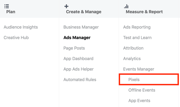 Koristite Facebook alat za postavljanje događaja, korak 1, opcija izbornika Pikseli u Facebook Ads Manageru