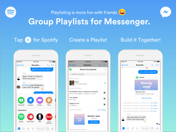 Spotify je proširio funkcionalnost unutar svog Messenger bota kako bi omogućio grupama izradu popisa za reprodukciju izravno iz aplikacije Messenger.