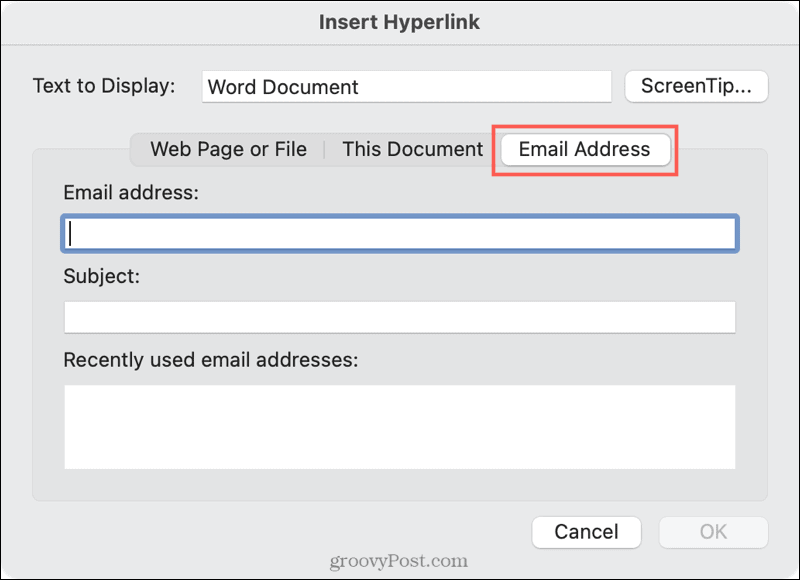 Veza do e-adrese u programu Word na Macu