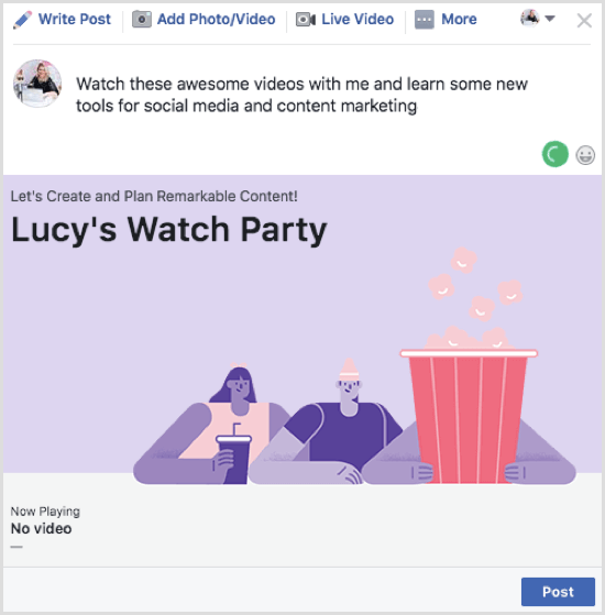 Kliknite Objavi da biste objavili svoj post na Facebooku Watch Party.