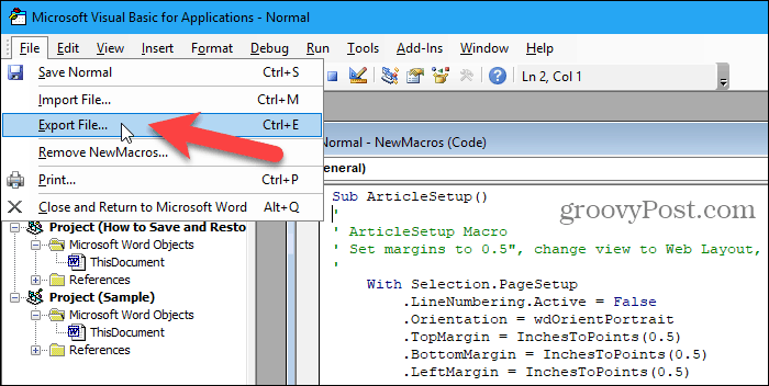 Idite na Datoteka> Izvezi datoteku u VBA uređivač u programu Word