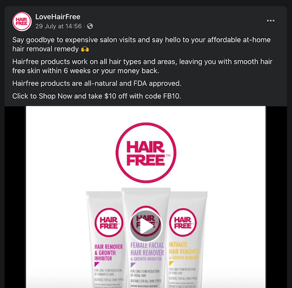 facebook post by lovehairfree bilježeći njihove proizvode za uklanjanje dlaka uspoređujući ih sa skupim posjetama salonu
