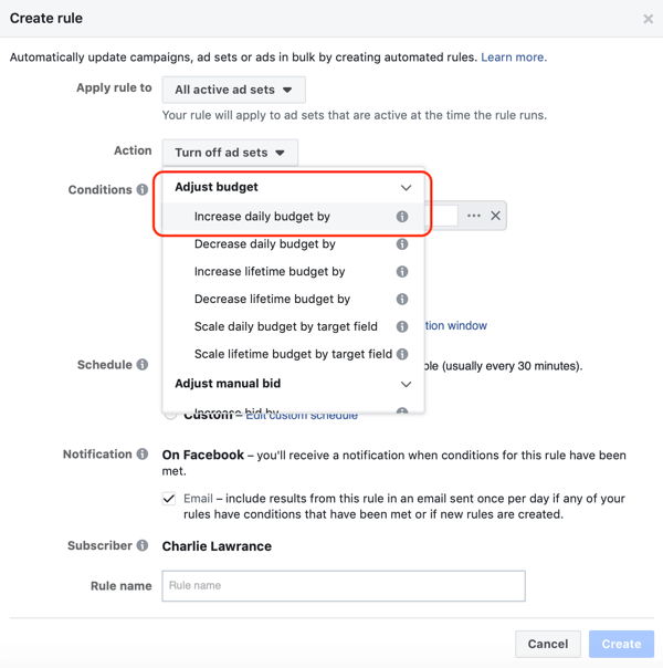 Koristite Facebook automatizirana pravila, povećajte proračun kada je ROAS veći od 2, korak 1, postavite akciju