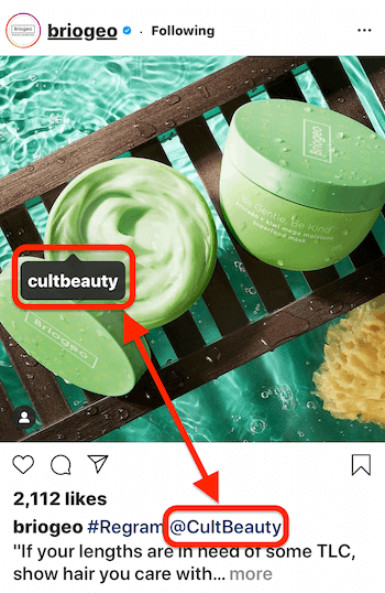 instagram post od @briogeo prikazuje oznaku posta i natpis @mention za @cultbeauty, čiji se proizvod pojavljuje na slici