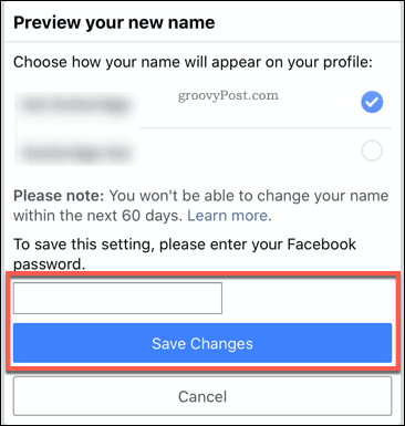 Potvrda promjene imena Facebooka u mobilnoj aplikaciji