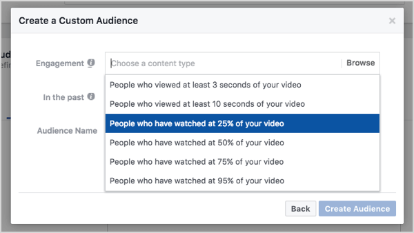 Facebook prilagođena publika na temelju 25% pregleda videozapisa.