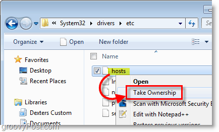 Snimak zaslona sustava Windows 7 - koristite desni klik kontekstnog izbornika za preuzimanje vlasništva nad bilo kojom datotekom u sustavu Windows 7