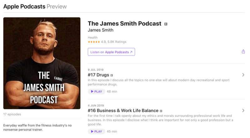 Strategija marketinga na društvenim mrežama; Snimka zaslona podcasta Jamesa Smitha na Apple Podcasts. James je poznati influencer u fitness prostoru.